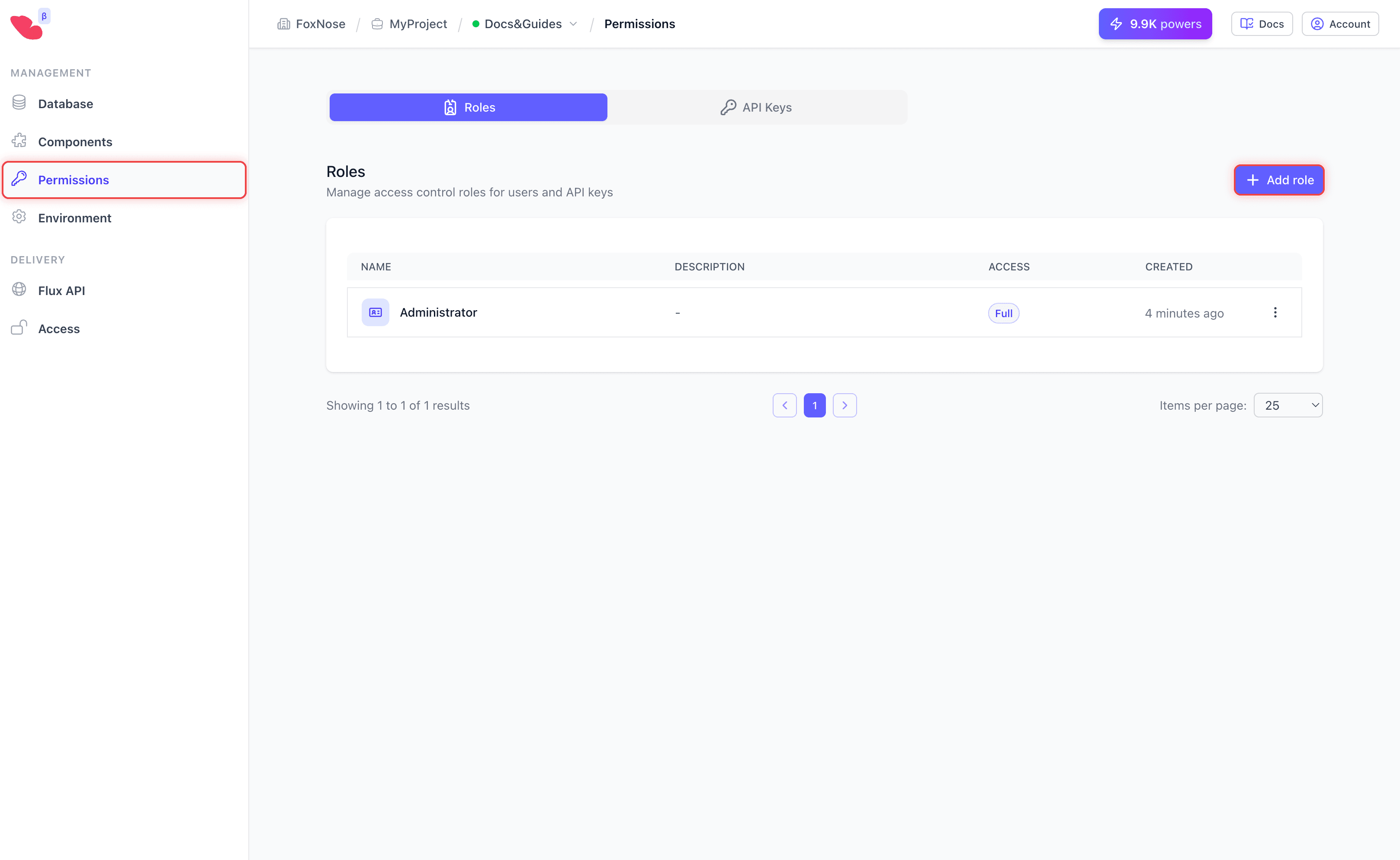 Permissions page showing Roles tab and Add role button