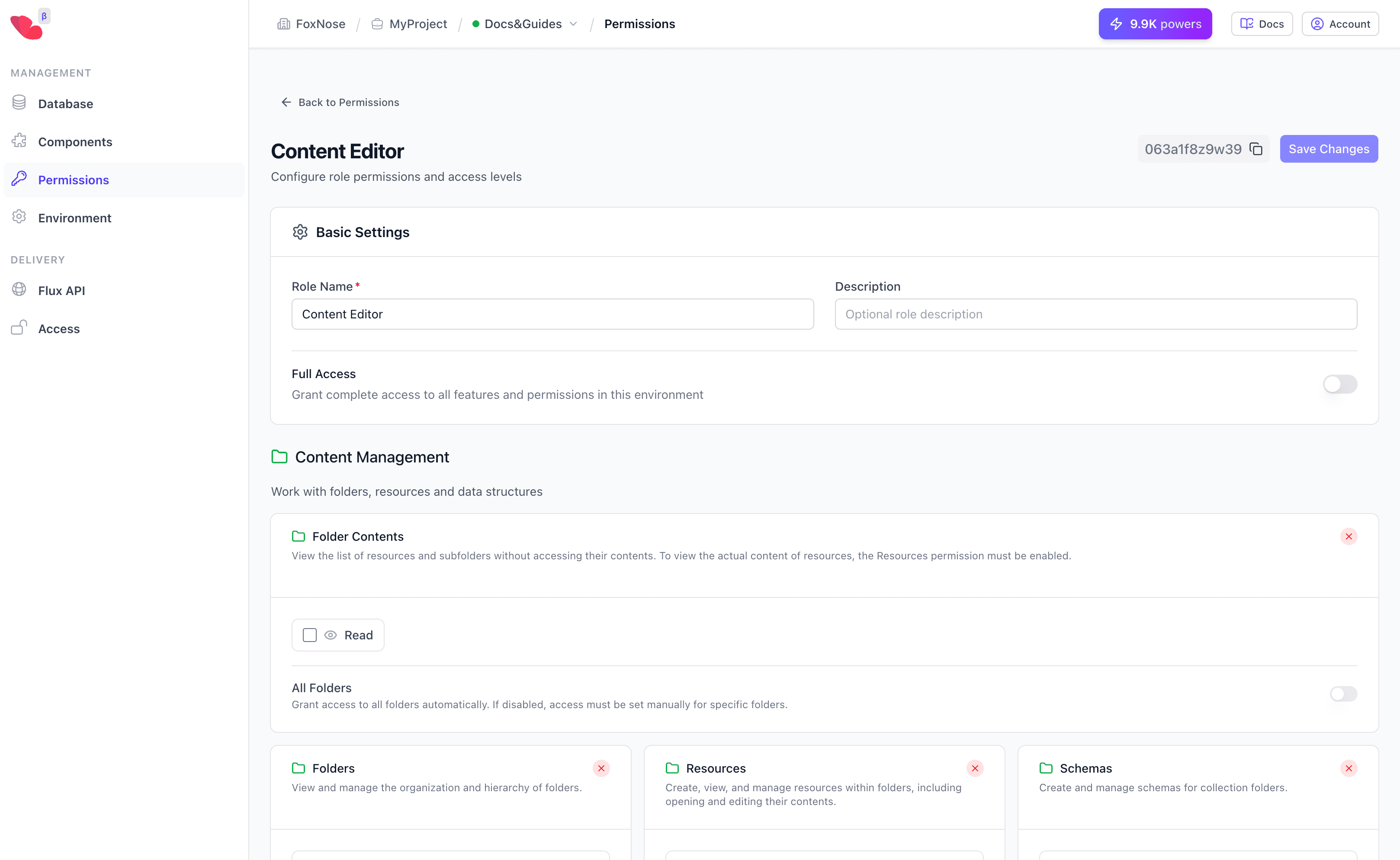 Role detail page showing four permission categories