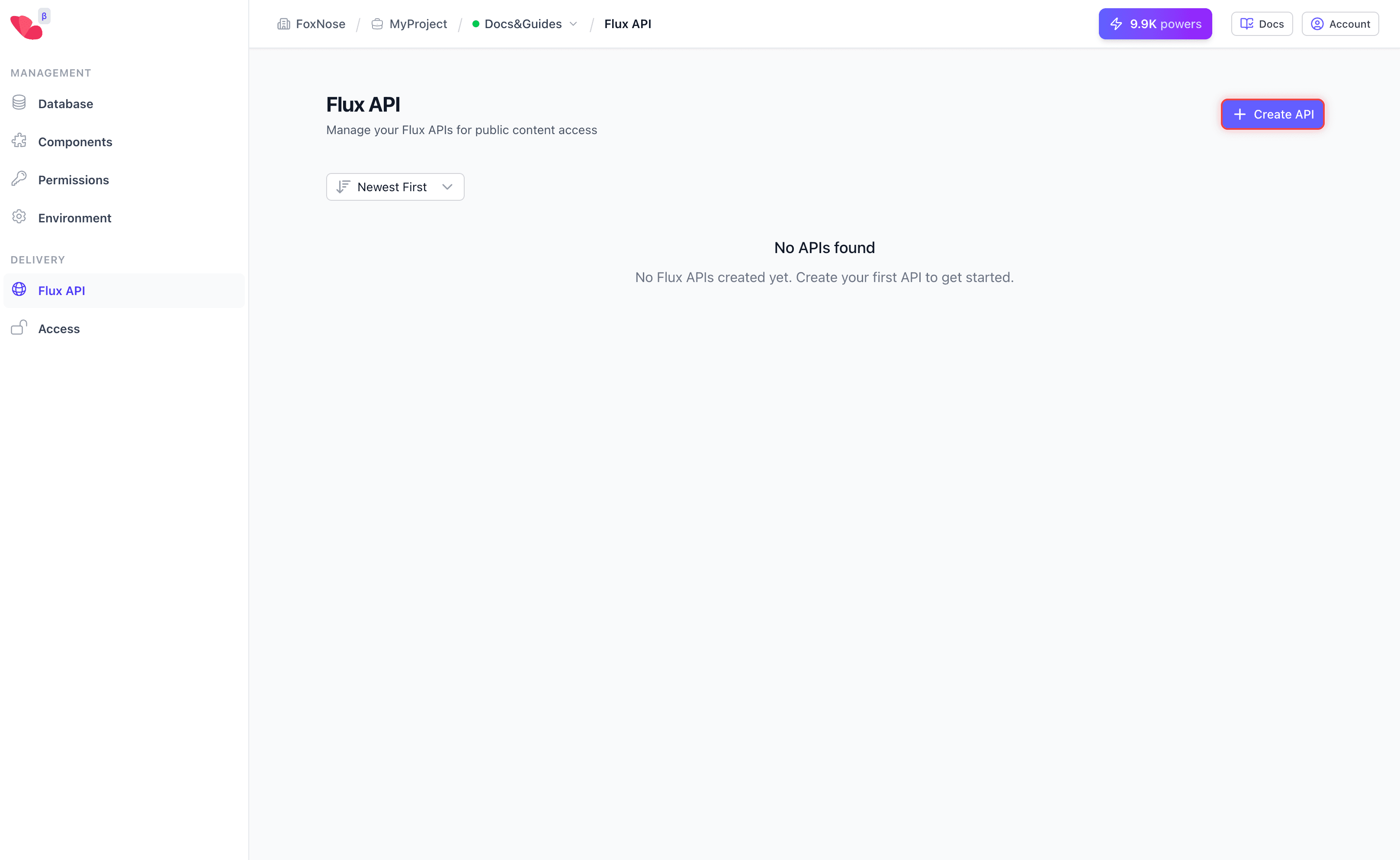 Flux API page showing Create API button
