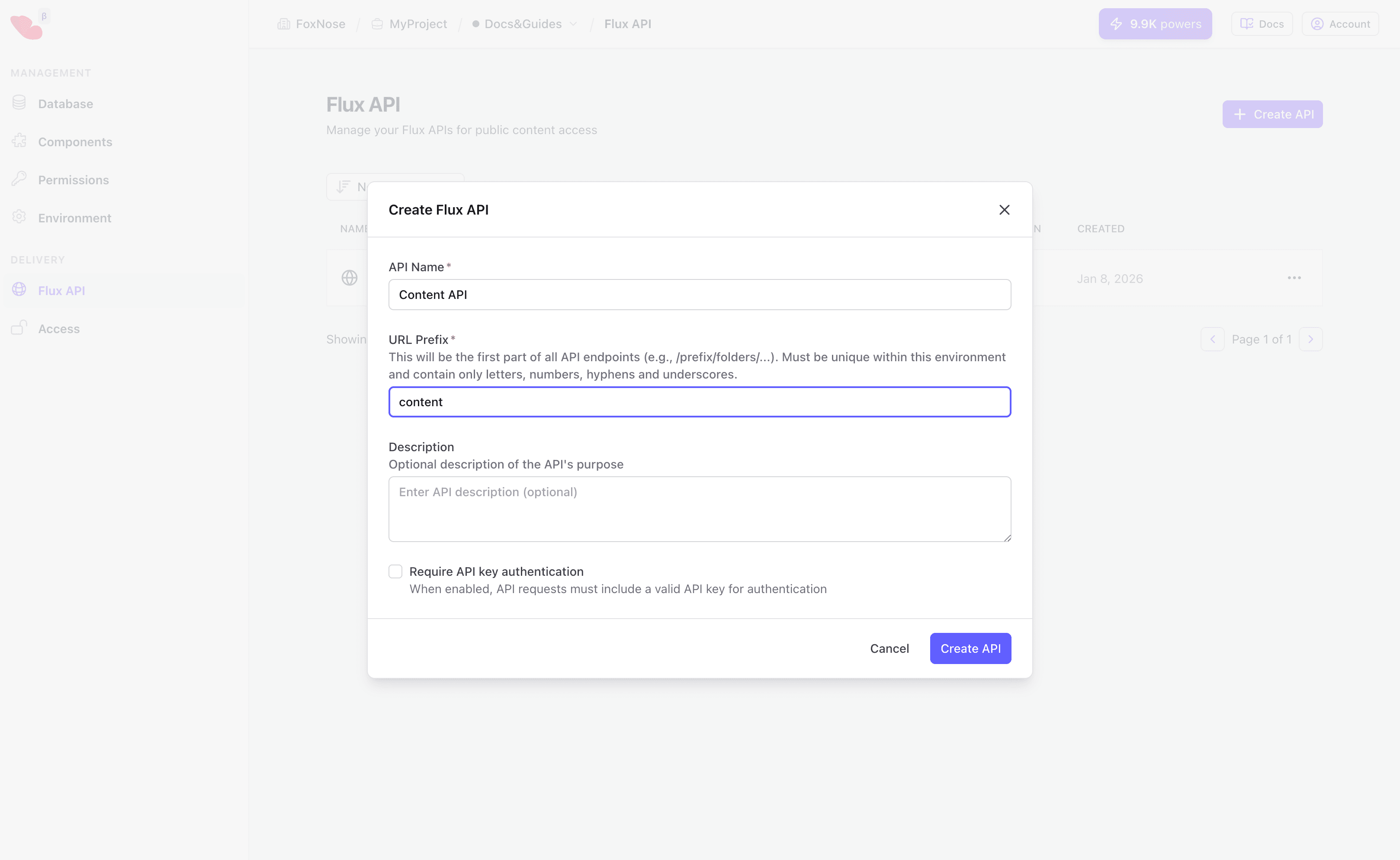 Create API dialog showing name and prefix fields