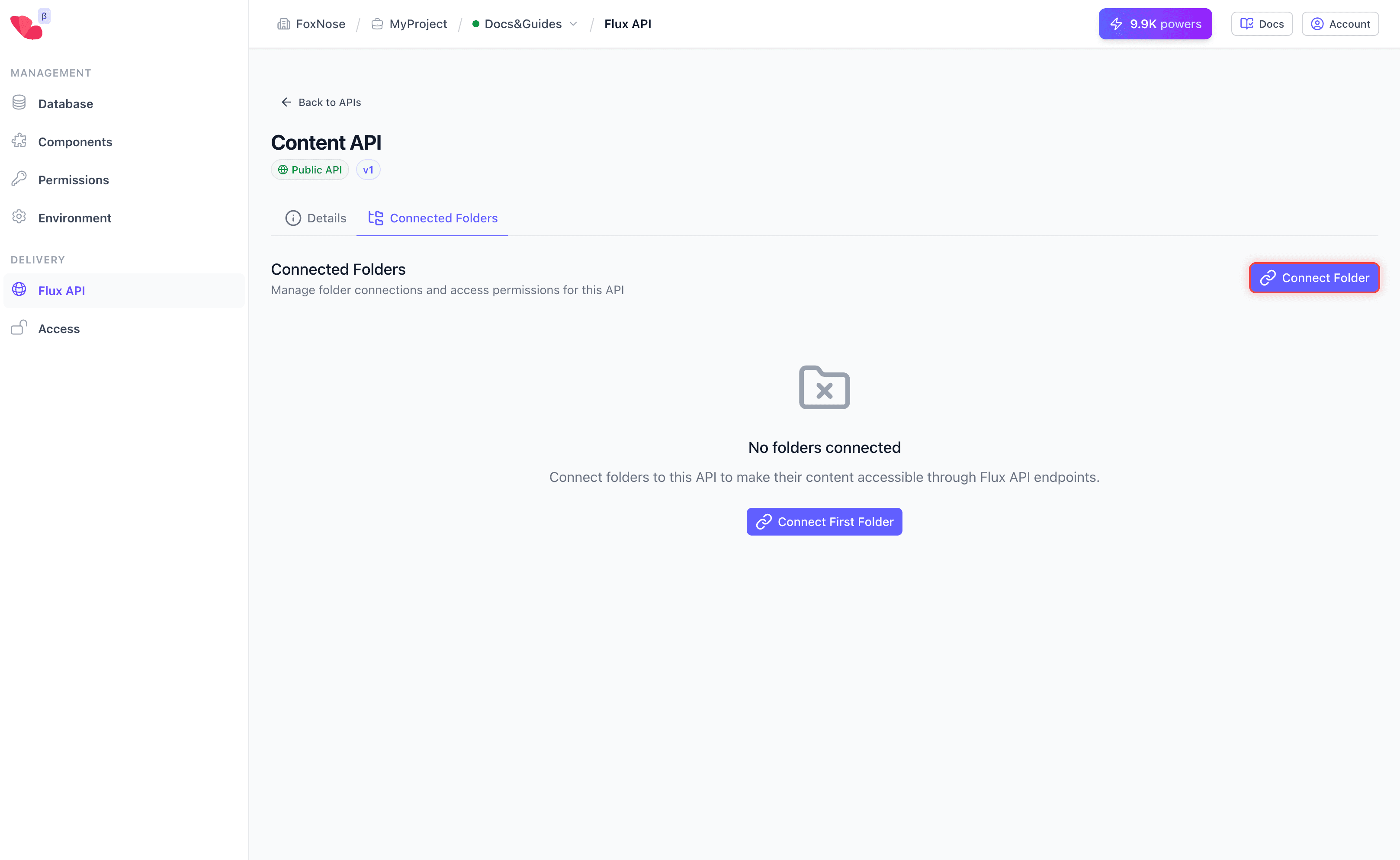 Connected Folders tab showing empty state