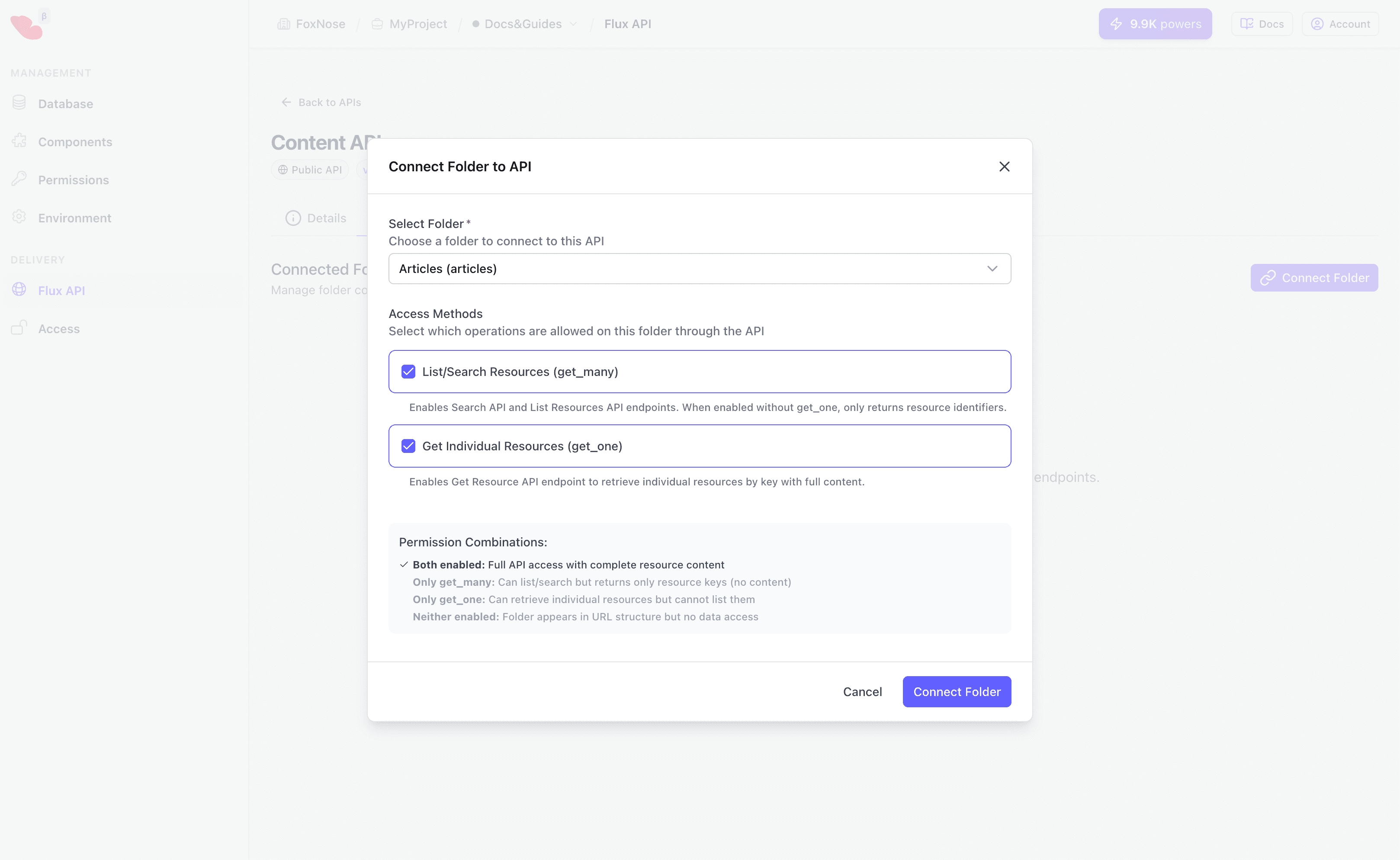 Connect Folder dialog showing folder selection and access methods
