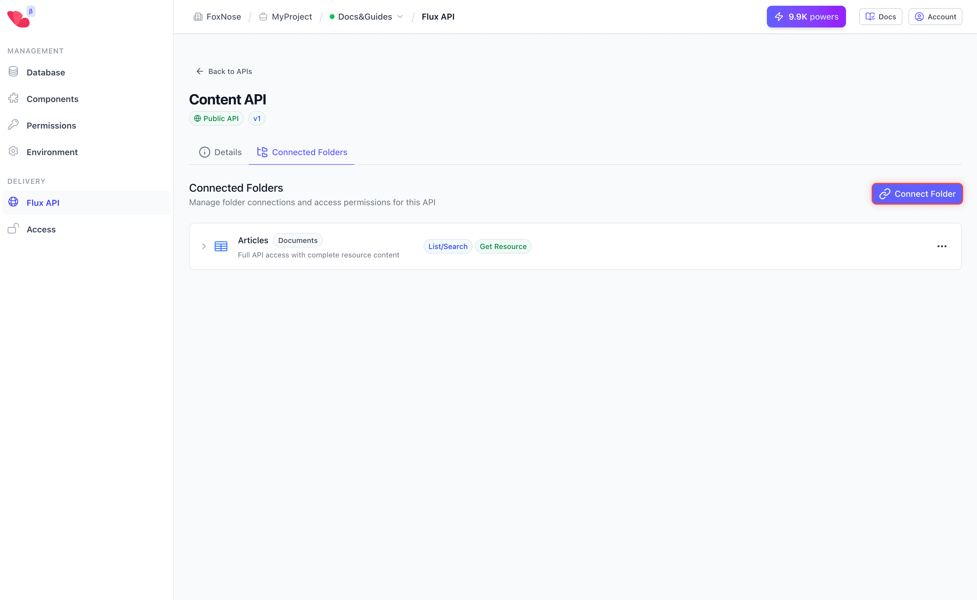 Connected Folders showing Articles folder with full access