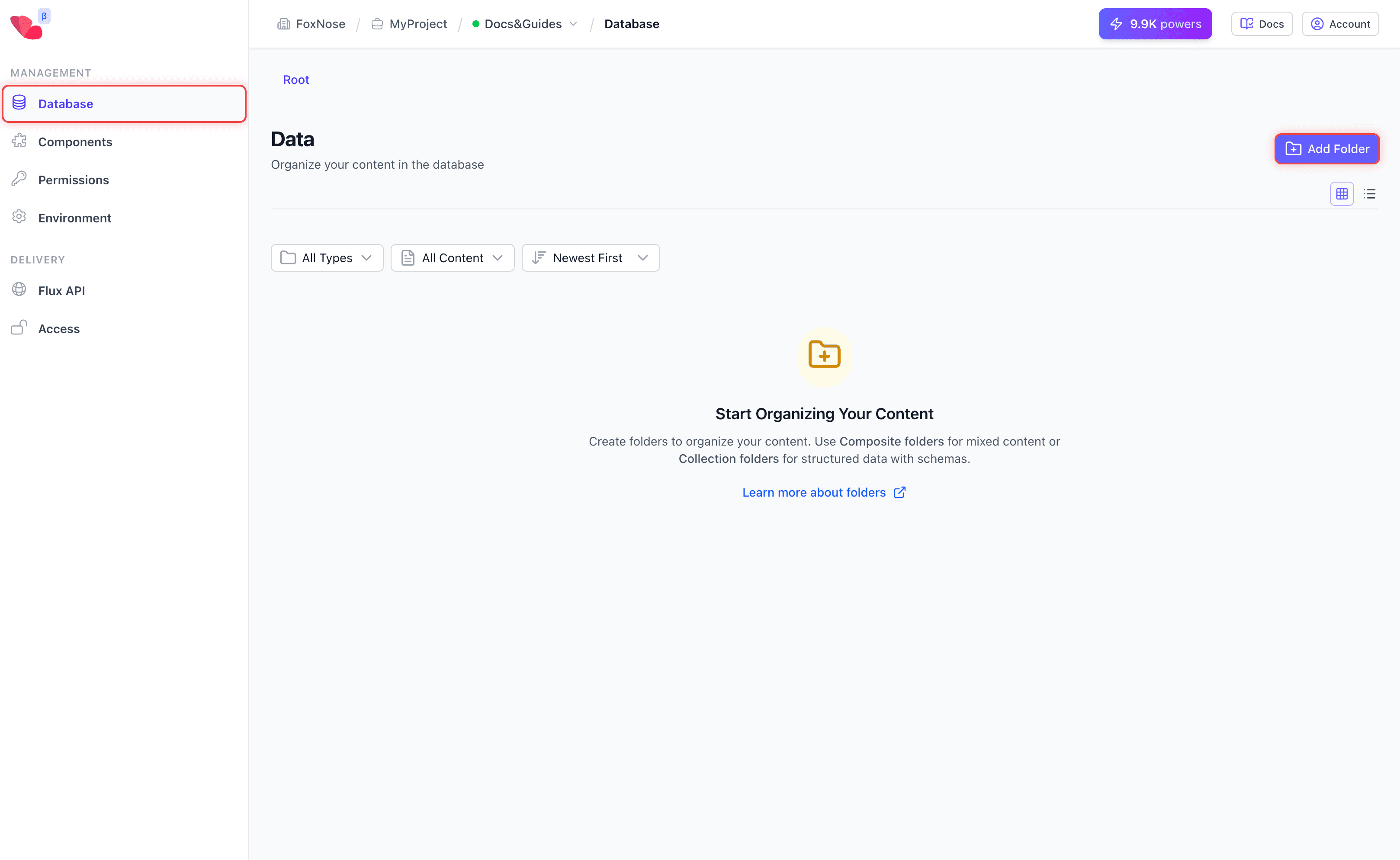 Database page showing Add Folder button
