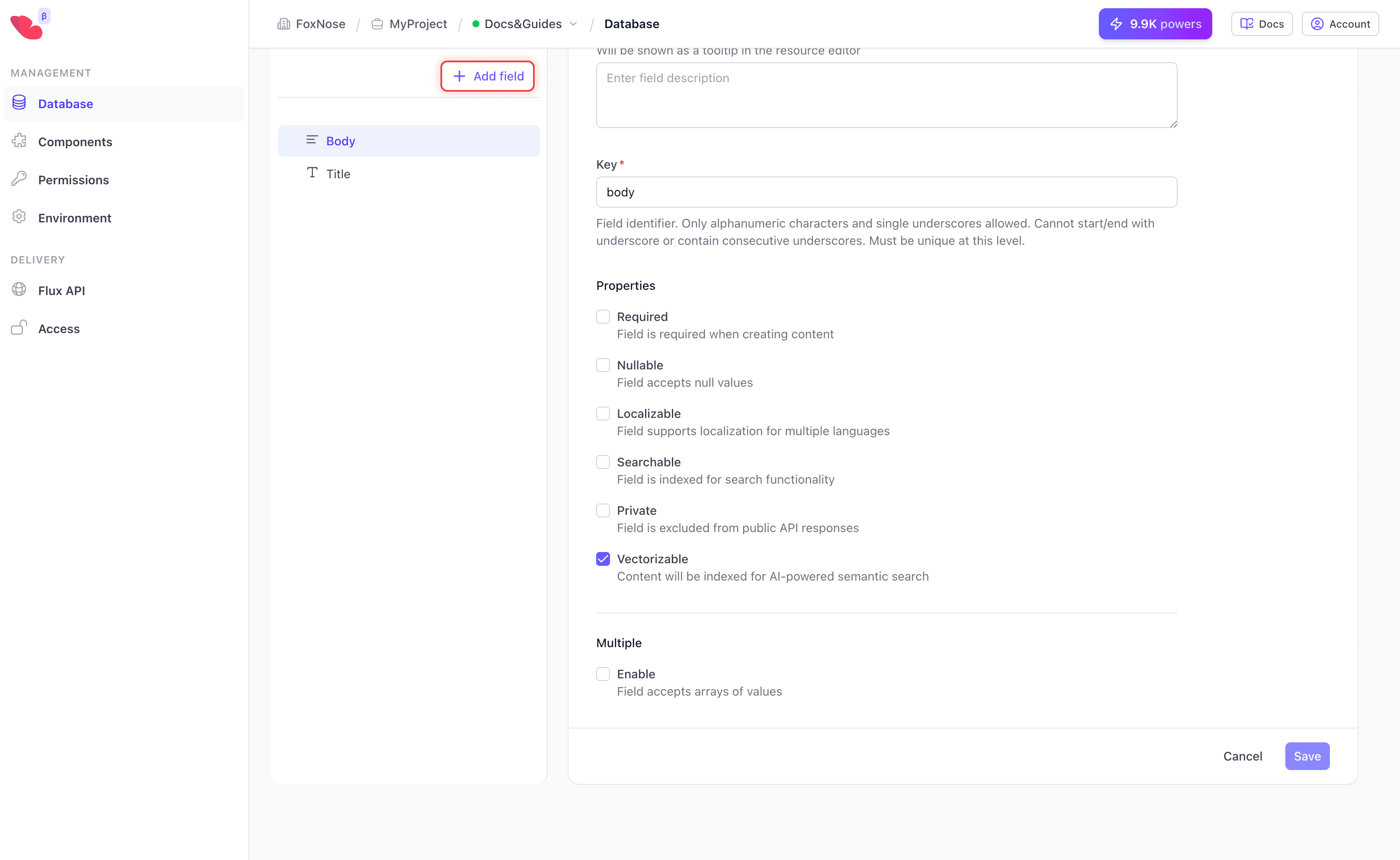 Schema editor showing field list and Add field button
