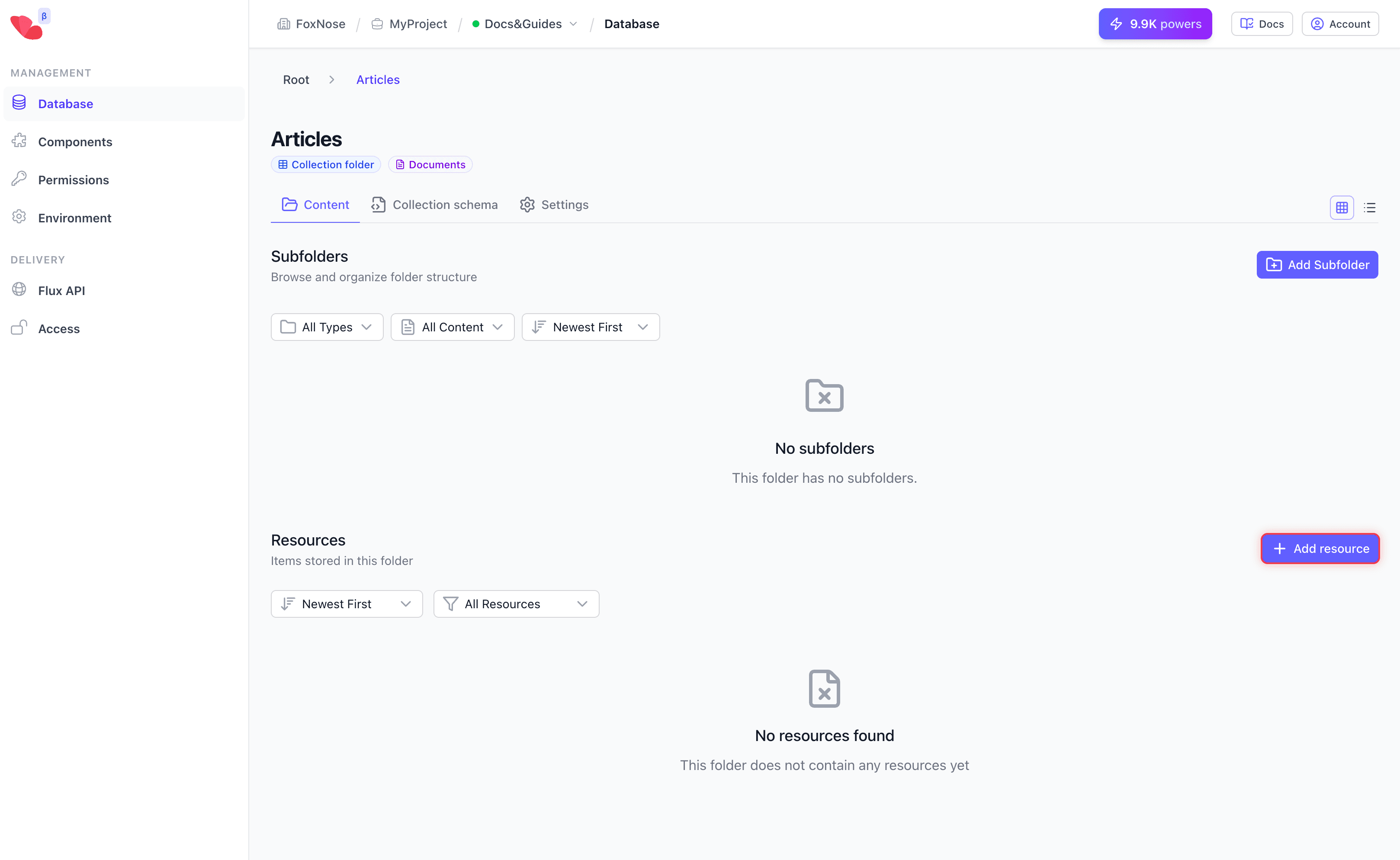 Content tab showing Resources section ready for content