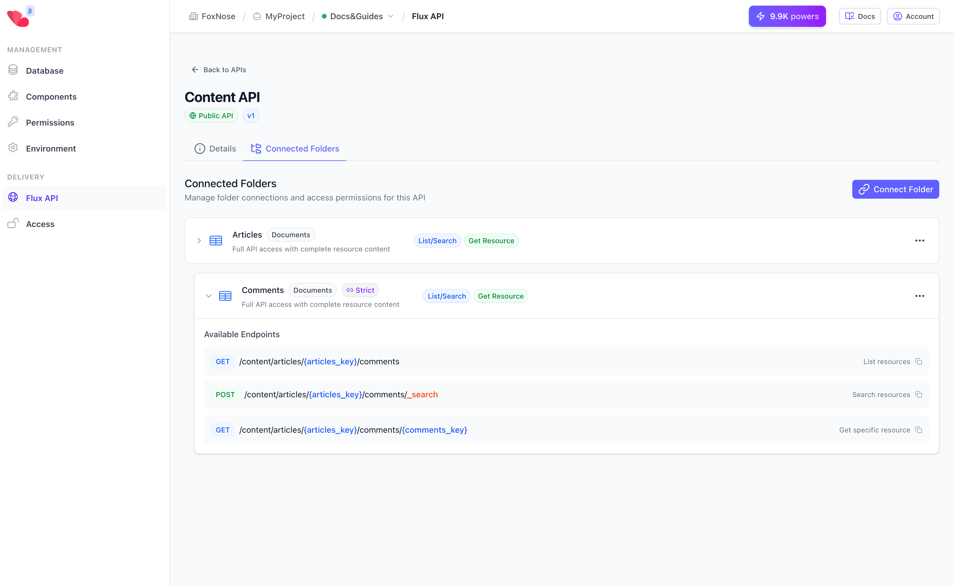 Flux API endpoints showing nested URL structure for Comments
