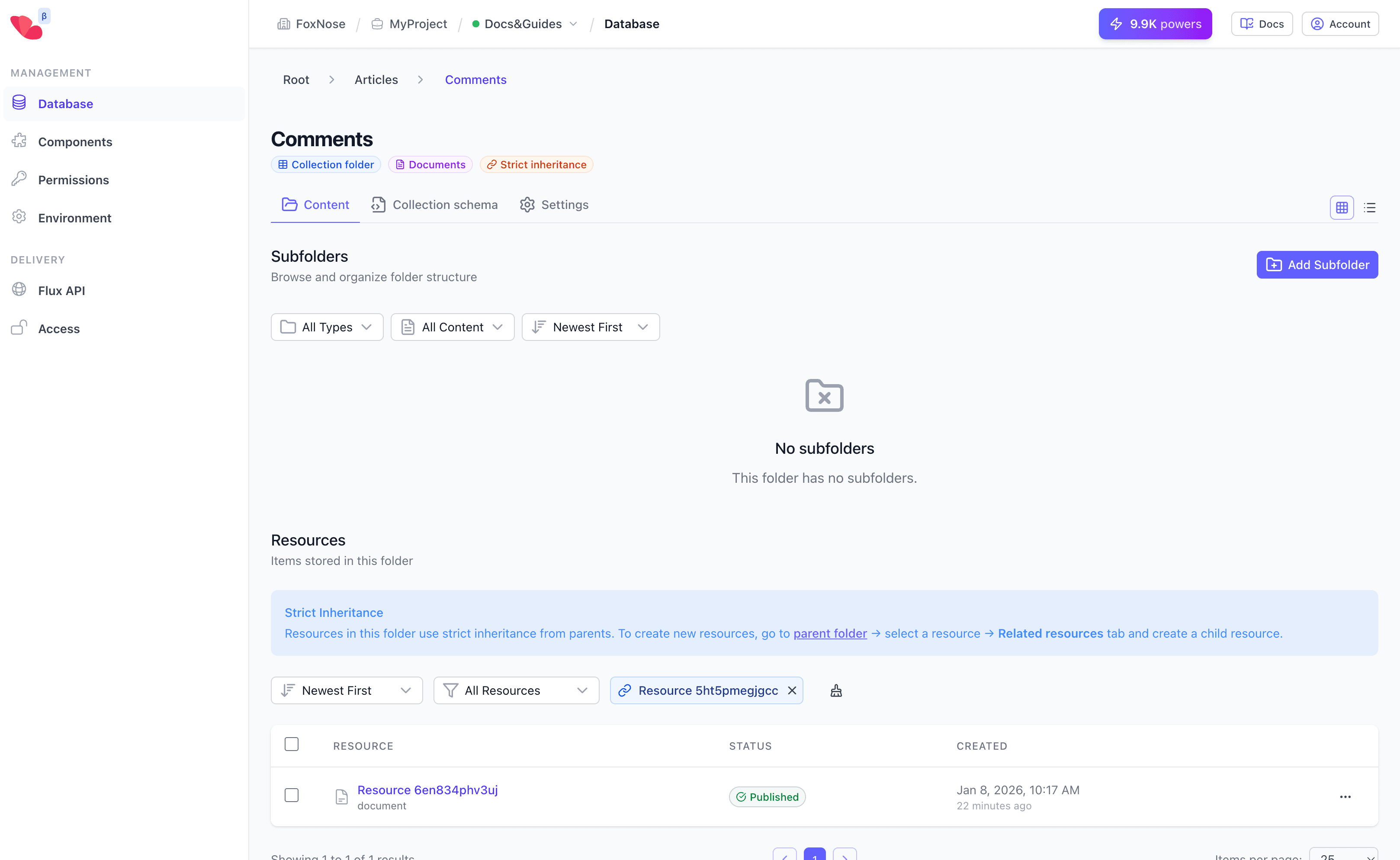 Comments folder showing resources filtered by parent article
