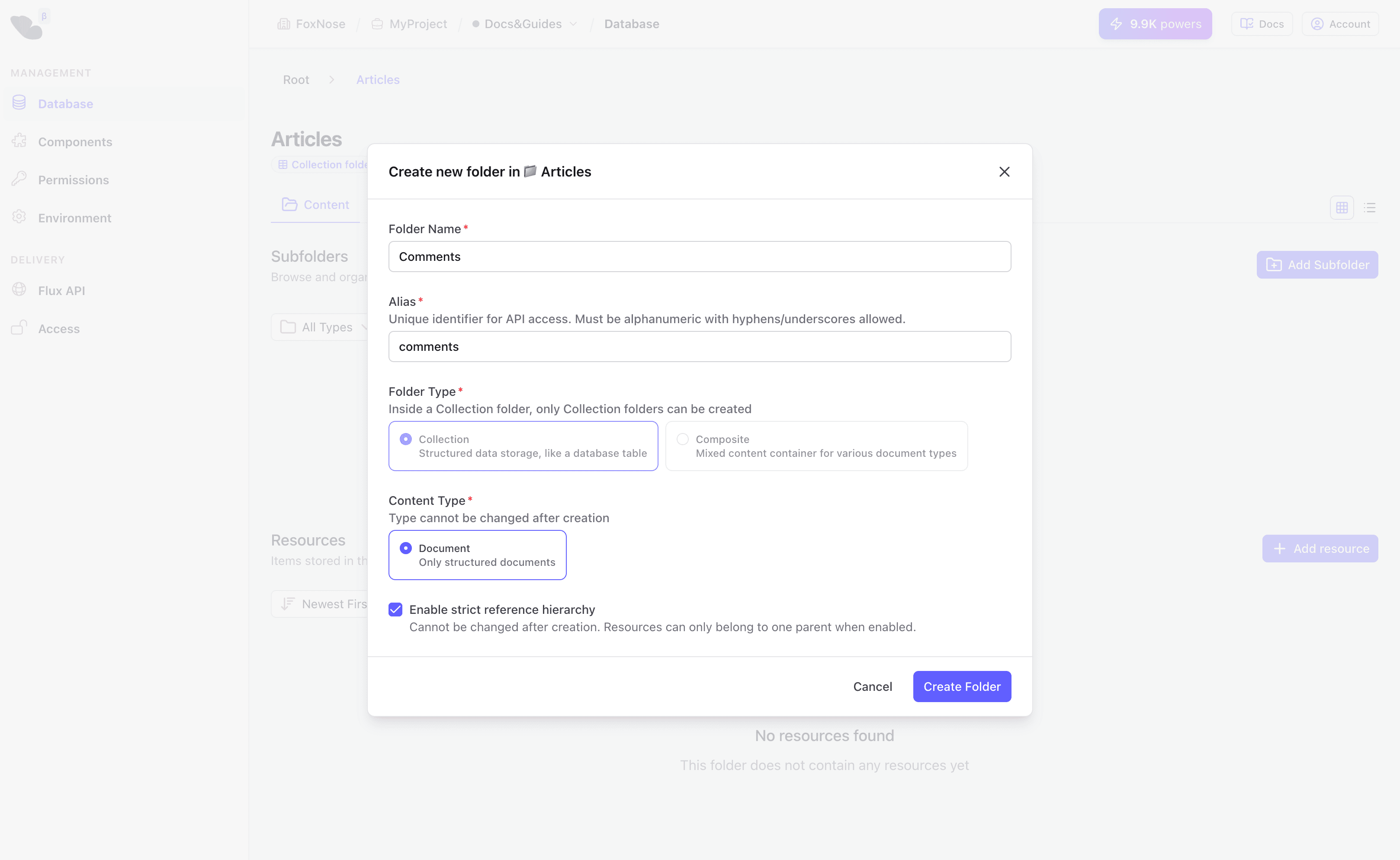 Create collection dialog showing Comments collection with strict reference enabled