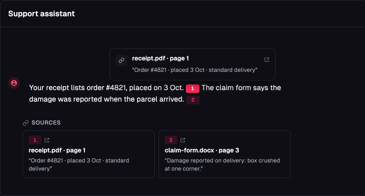 An agent answer with two numbered citation markers. The first marker is open and shows a card for receipt.pdf page 1 with the quoted passage. Below the answer a source list names receipt.pdf page 1 and claim-form.docx page 3.