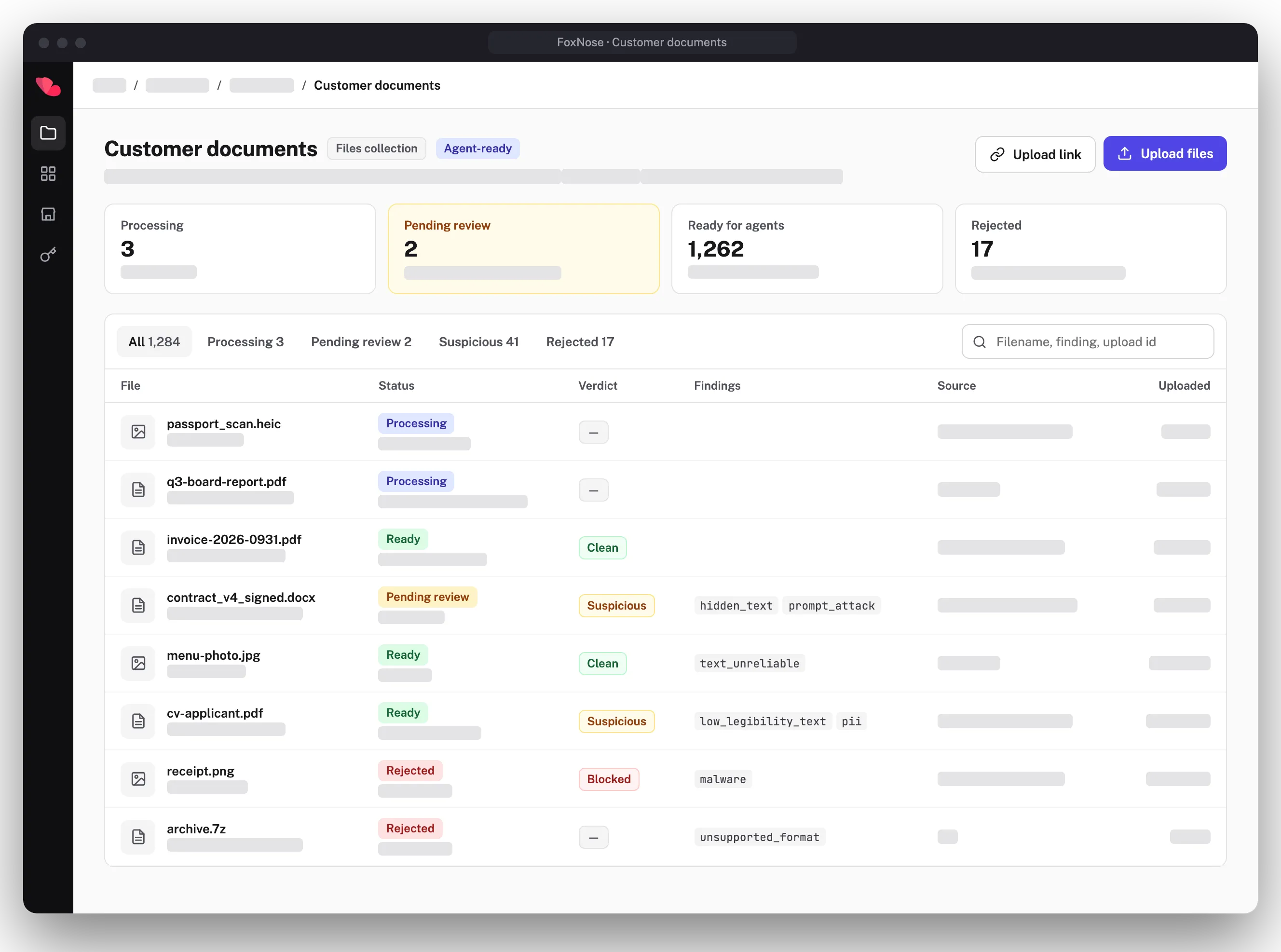 The dashboard list of a Customer documents files collection. Each row shows a file name, its status such as processing, ready or rejected, a verdict of clean, suspicious or blocked, its findings and where it came from.