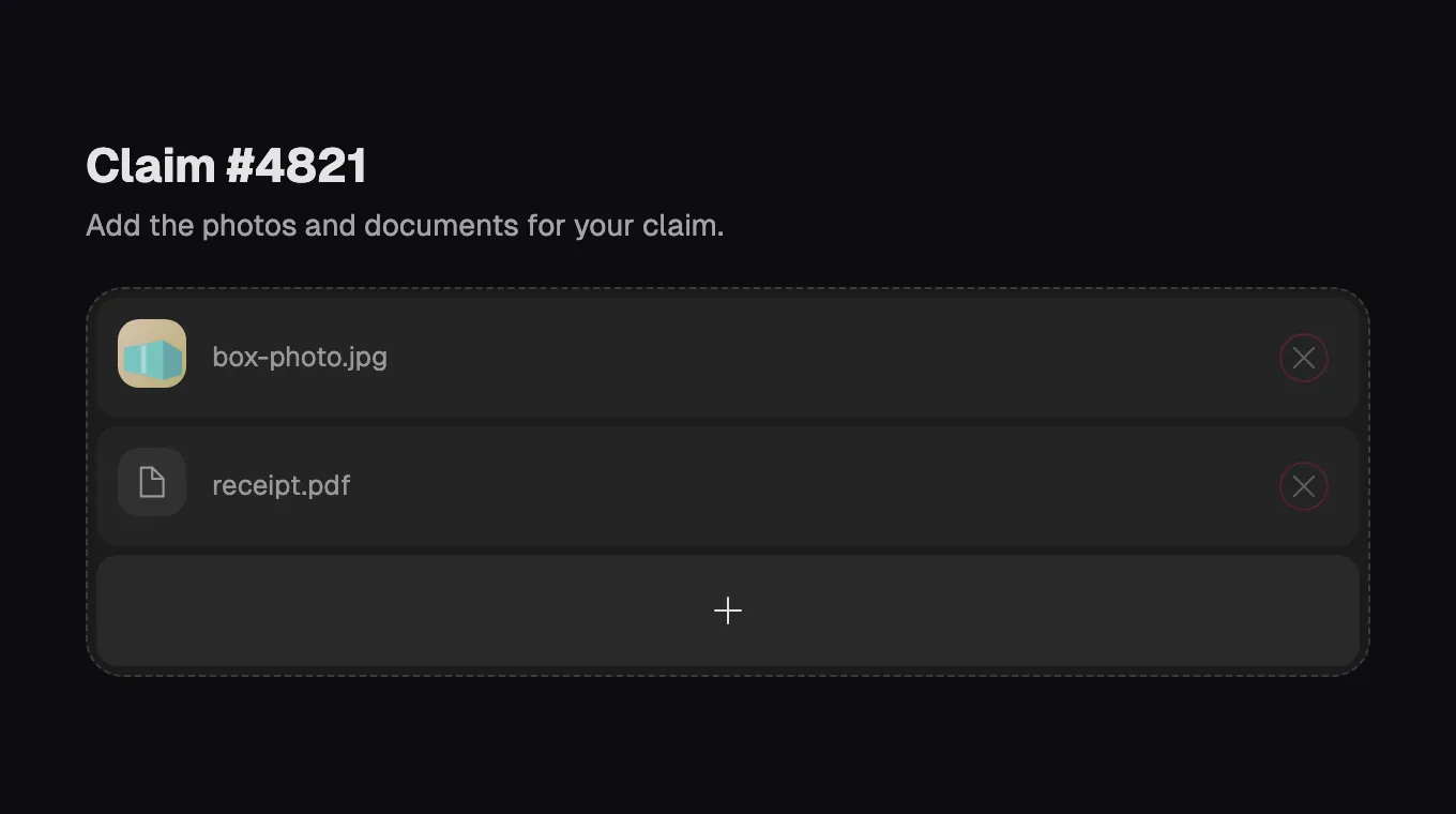 A compact file uploader showing two chosen files, box-photo.jpg and receipt.pdf, with a plus button to add more, in a dark theme.