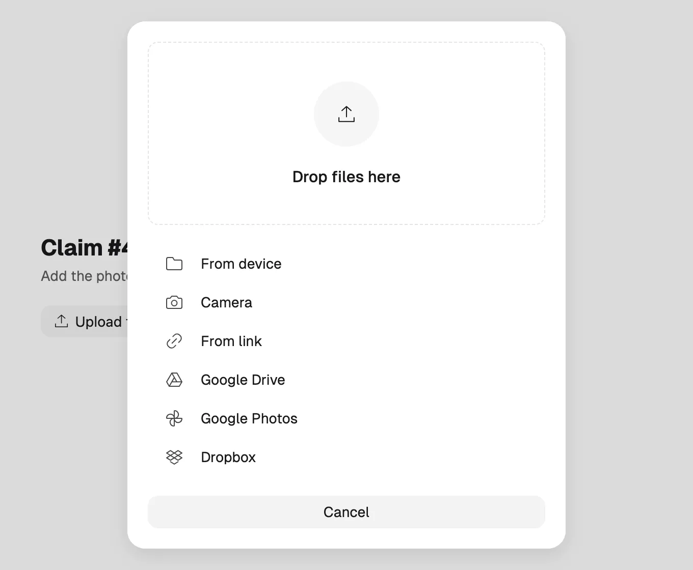 The file uploader dialog in a light theme: a Drop files here area and a list of sources: From device, Camera, From link, Google Drive, Google Photos and Dropbox, with a Cancel button.
